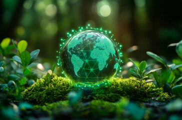 A green globe with a network of lines on it is surrounded by green plants. Concept of harmony between nature and technology, as the globe is made of a material that is both eco-friendly