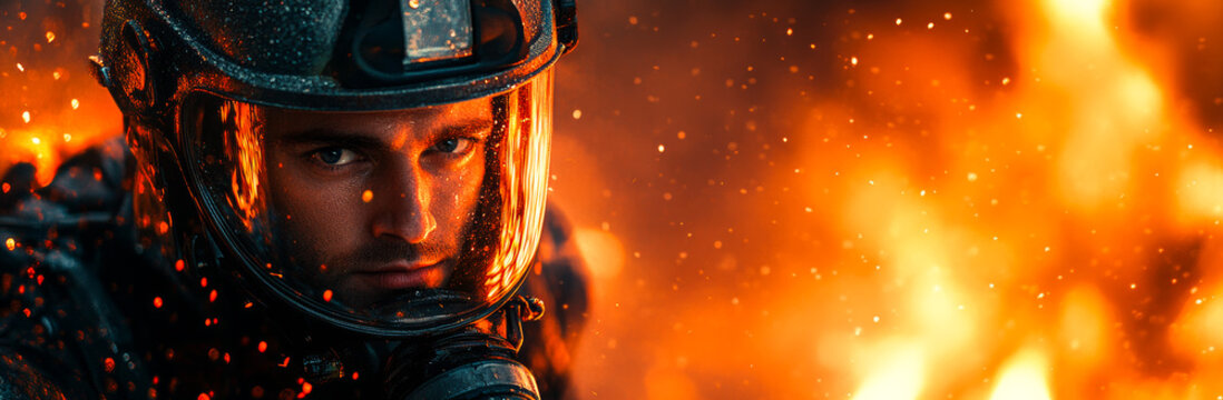 A firefighter is wearing a helmet and standing in front of a fire. The fire is orange and the background is blurry
