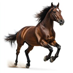 Obraz premium Photorealistic Full-Body Shot of a Beautiful Brown Horse Running on a White Background in High Resolution