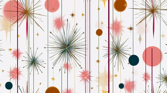 Seamless Atomic Age Pattern Showcasing Boomerangs and Starbursts in Warm, Muted Hues