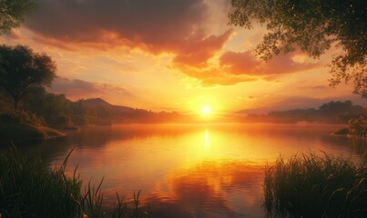 Obraz premium Majestic sunset with a golden-orange horizon, reflecting off the tranquil waters of a remote lake.