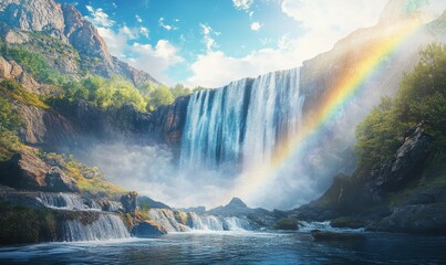 Fototapeta premium Majestic waterfall cascading down a rocky cliff, mist rising and sunlight refracting into a rainbow, creating a breathtaking natural scene
