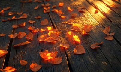 Vibrant orange autumn leaves illuminated by golden sunlight, scattered across a textured wooden surface, evoking seasonal warmth