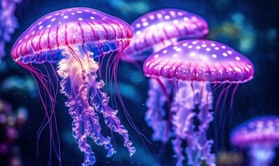 Mesmerizing underwater shot of luminous jellyfish glowing in shades of blue and purple, floating in a tranquil ocean.