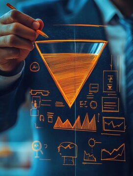 A marketer drawing a diagram of a sales funnel on a glass wall, symbolizing the process of converting leads into customers in client-centric marketing illustration