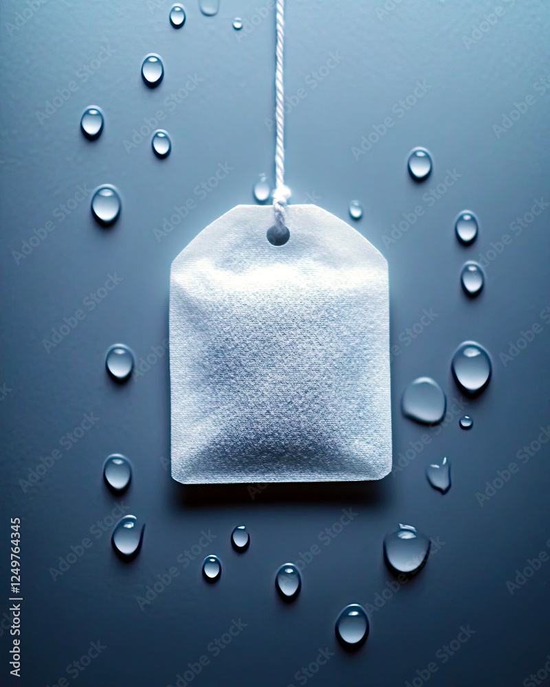 Poster chilled tea bag resting on a clean surface with droplets reflecting freshness and minimalism