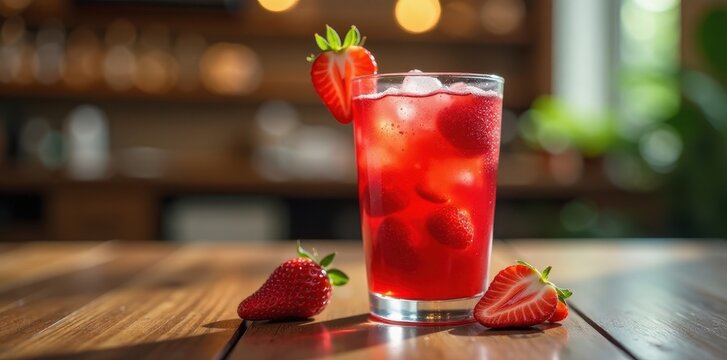 Glass of cold strawberry taho on a wooden table, glass container, sweet treat , fruit salad