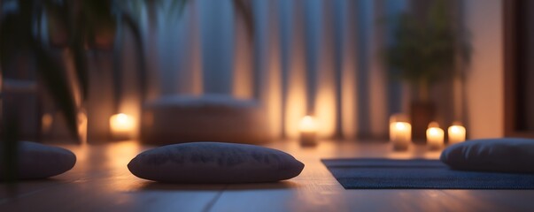 Serene yoga and meditation studio with floor cushions and soft candlelight, creating peaceful atmosphere for mindfulness, relaxation, and holistic wellness practice indoors