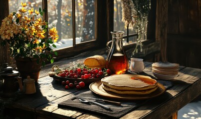 Rustic breakfast table featuring golden pancakes, fresh berries, and warm syrup, creating a wholesome and comforting morning vibe
