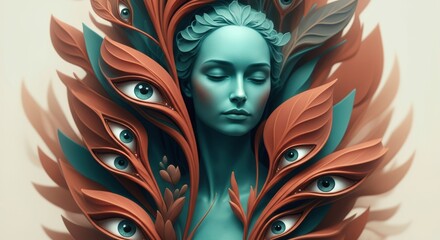 Surreal sculpture of a woman surrounded by vibrant leaves and eyes