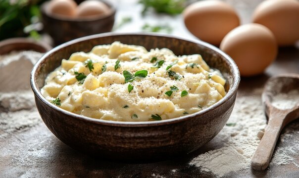 Rustic bowl of creamy pasta with parmesan and fresh herbs, surrounded by flour and cracked eggs for a gourmet homemade feel