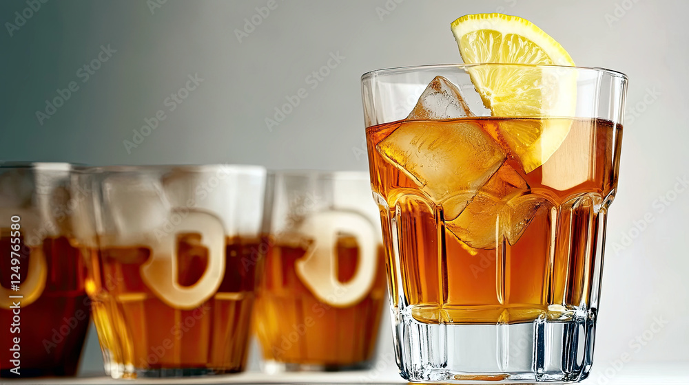 Poster refreshing iced tea served in a clear glass with lemon slice and ice on a bright surface