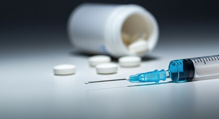 Syringe and pills on a clean surface with a blurred pill bottle in the background