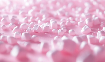 Pink marshmallows scattered over a pastel pink surface, offering a playful and sweet aesthetic perfect for candy lovers