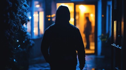 Dark silhouette approaching glowing house entrance, casting mysterious blue yellow lighting with haunting, suspenseful mood suggesting potential narrative tension