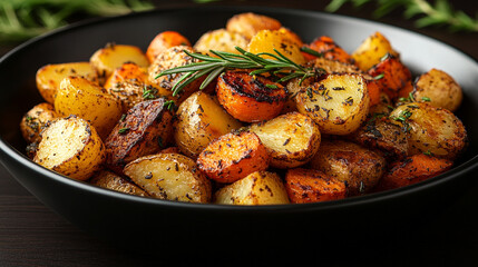 A flavorful mix of roasted vegetables, featuring seasoned potatoes and carrots, garnished with rosemary in a black bowl, symbolizing cozy, comforting home-cooked meals with a modern bright tone