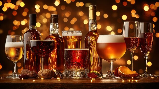 Festive drinks display on wooden table with blurred lights background