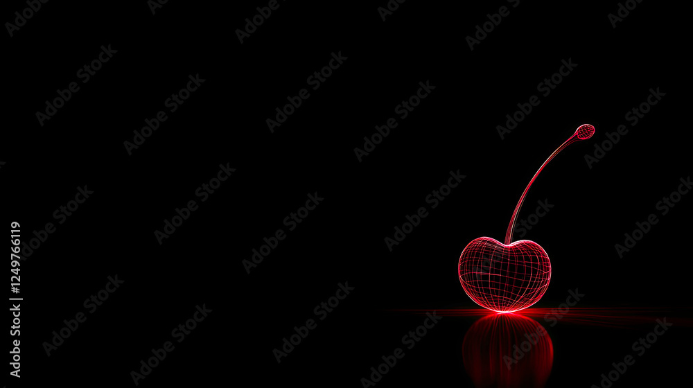 Poster sleek neon cherry outline glowing softly against a deep black backdrop for a minimalistic touch