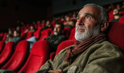 Obraz premium Movie enthusiasts are engrossed in a film, sitting in red cinema seats, enhancing the collective viewing experience in a theater