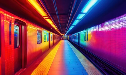 Fototapeta premium Neon-lit city subway glowing with vivid colors, capturing the vibrant energy and rhythm of urban life.