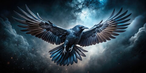 Fototapeta premium Hand-drawn ink raven, gothic backdrop, dark fantasy art; mysterious avian, supernatural creature.