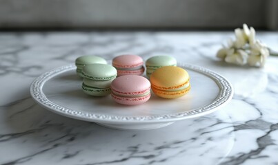 Plate of vibrant macarons in soft pastel colors, arranged elegantly on a textured marble surface with subtle floral accents