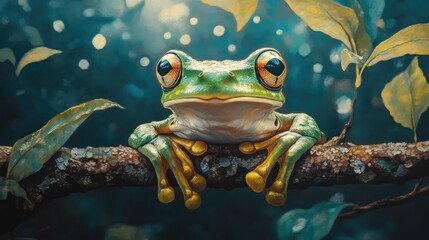Green Tree Frog Perched on a Branch in the Moonlit Night, Emphasizing Nature's Serene Beauty and Wildlife Harmony