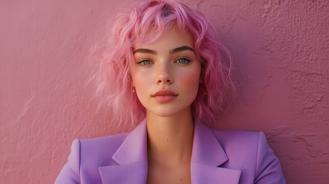 Elegant Portrait of Stylish Pink-Haired Woman in a Purple Blazer, Radiating Confidence and Modern Fashion Sense