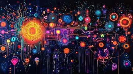 Obraz premium Vibrant Neon Circuits Weaving Together on Black Canvas. Radiating an Otherworldly Glow. Intricate Details Amplified by Precision Lighting