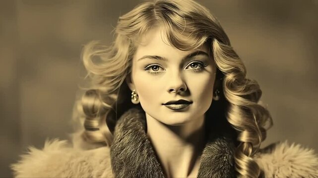 Vintage portrait of woman with long blonde curly hair wearing fur coat, classic retro style, elegant female fashion, timeless beauty, sepia toned artistic 1920s aesthetic video, hollywood glamour