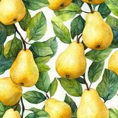 Vibrant Watercolor Pattern Featuring Ripe Yellow Pears and Lush Green Leaves Symbolizing Freshness, Abundance, Nature, Healthy Eating, and Growth
