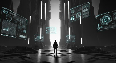 Futuristic silhouette of a person surrounded by holographic displays in a dark environment