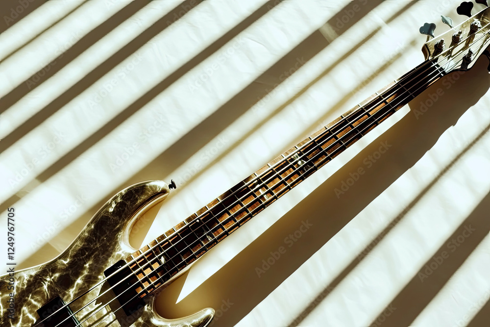 Poster groovy bass guitar casting playful shadows in a minimalistic artistic display