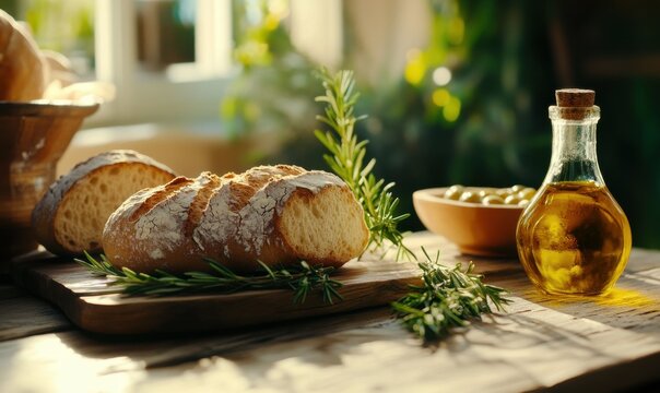 Simple wooden table set with rustic bread, a bowl of olive oil, and sprigs of fresh rosemary, bathed in warm morning light, creating a Mediterranean vibe
