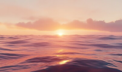 Obraz premium Sunset over a calm ocean with soft orange and pink hues blending into a serene pastel sky, waves gently lapping against the shore