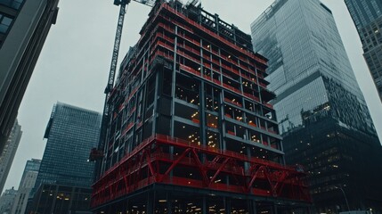 Modern skyscraper under construction in an urban setting with cranes and cloudy sky