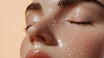 Dewy Skin: A close-up of a woman's face, glistening with dew drops, highlighting the natural beauty of healthy, hydrated skin. The soft, natural lighting accentuates the skin's texture.