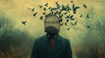 Surreal depiction a person with a birdcage head, birds escaping as a metaphor for liberating thoughts