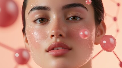 Radiant Skin, Molecular Glow: Close-up of a young woman's face, showcasing healthy, radiant skin with a subtle, dewy glow.  Surrounded by abstract pink spheres and molecular structures.