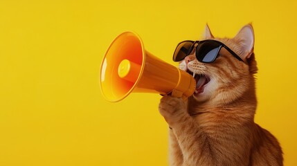 A red cat is wearing sunglasses and speaking into a yellow megaphone. Business sales and marketing, discount