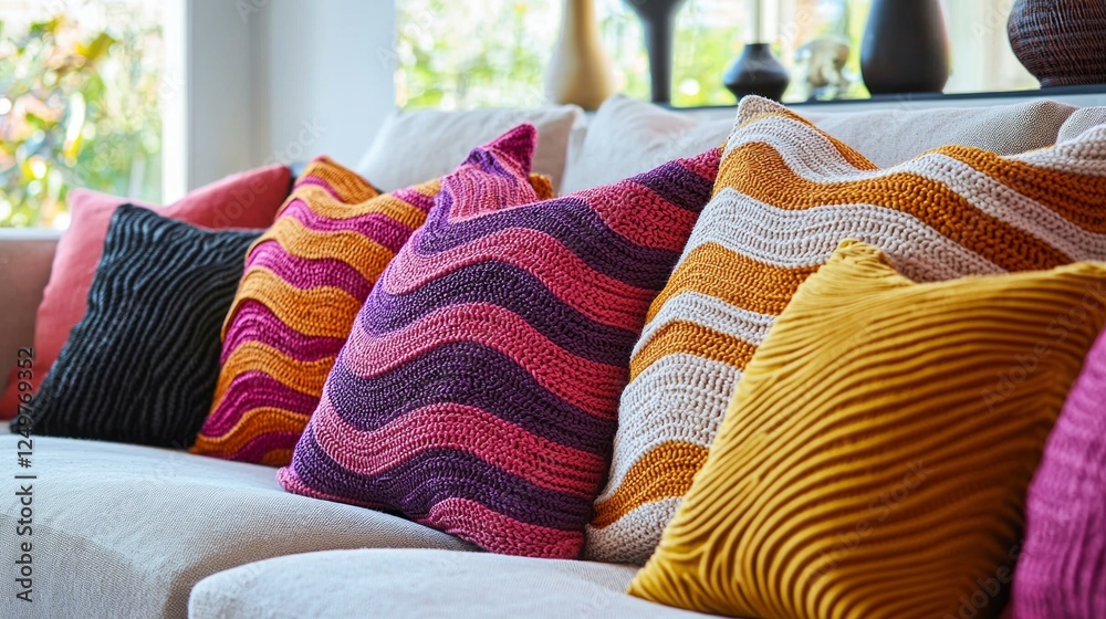 Poster luxurious home decor pillows with vibrant knitted textures are beautifully arranged on a sofa, addin