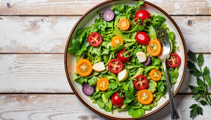 Colorful rustic veggie arrangement in bowl, healthy eating