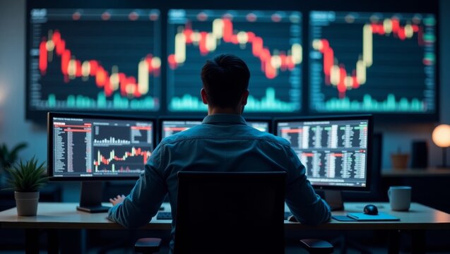 Professional traders desk with live stock charts