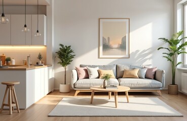 Spacious studio apartment in Scandinavian style. Warm pastel white, beige colors create cheerful atmosphere. Modern kitchen, stylish furniture. Empty room suggests versatility, design concept.