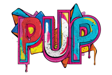 The word "PUP" is written in a colorful, graffiti-style font