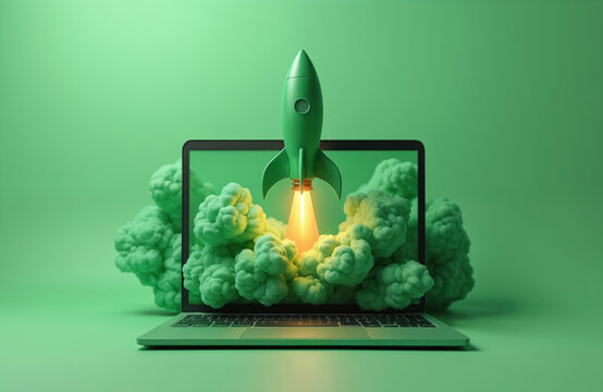Green rocket launches from laptop screen. Big green smoke clouds surround. Successful launch. Digital tech concept. Green background represents success. Innovative tech startup. Modern design.