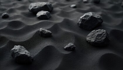 Dark sand surface with uneven texture. Rocks scattered on surface. Abstract, textured. Suitable as wallpaper background design. Desert scene evokes sense of calmness, tranquility. Natural material.
