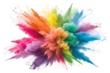 Holiday Holi concept. Holi festival of color poster. Happy Holi. Colorful powder explosion on white background.