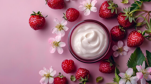  A fresh jar of strawberry-scented beauty cream surrounded by strawberries and flowers on a soft pink background.