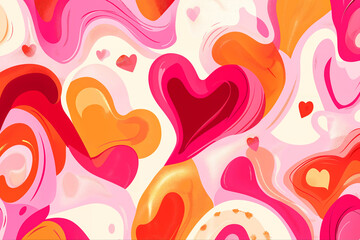 Fun cute abstract background for valentine's day. Valentine's Day greeting card. Whimsical patterns and textures in retro style of 60s 70s. 